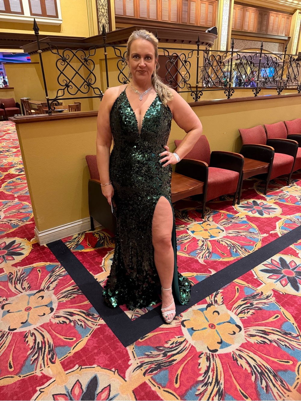 Deep Green Sequin Evening Gown with Thigh Slit